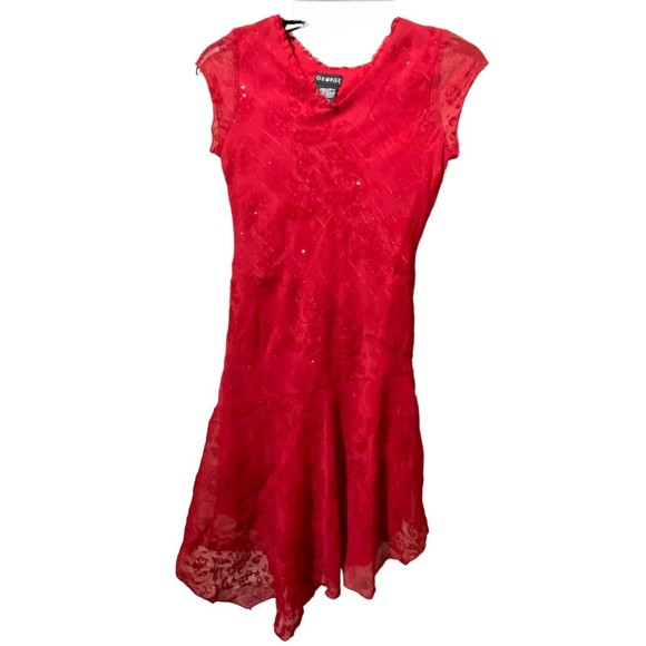 Girls’ Red Sparkly Dress Cap Sleeve Handkerchief Hem Tie Waist Festive Size 12 - Picture 2 of 10